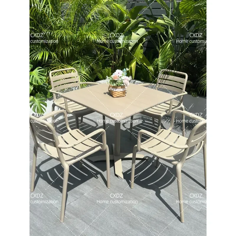 Commercial Outdoor Tables and Chairs Plastic Wood Desktop Waterproof Sunproof Stackable Patio Furniture for Milk Tea Shop