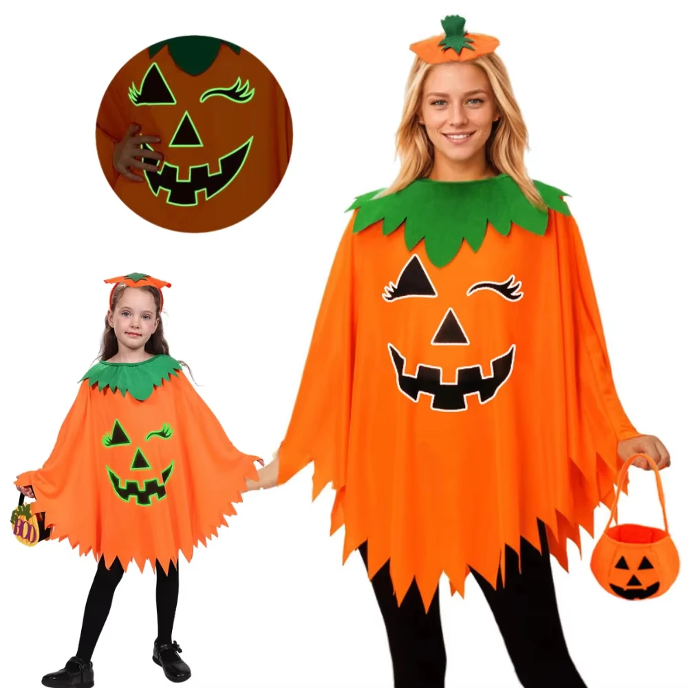 Halloween pumpkin-themed set: includes a glow-in-the-dark hooded top, a headband, and a tote bag; perfect for parties.