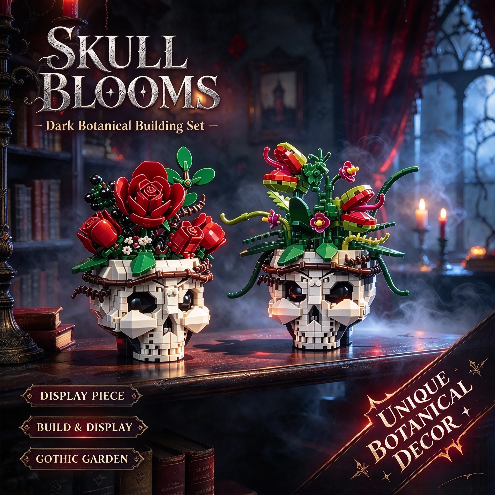 MOC Gothic Skull Building Blocks Multiple Styles Floral Skeleton Model Halloween Home Desktop Decor Collectible Gift for Adults