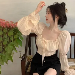 Women's Square Neck Expose Navel Blouse Elegant Solid Color Lace Ups Casual Style All-match Party Clothing Comfortable Outfit