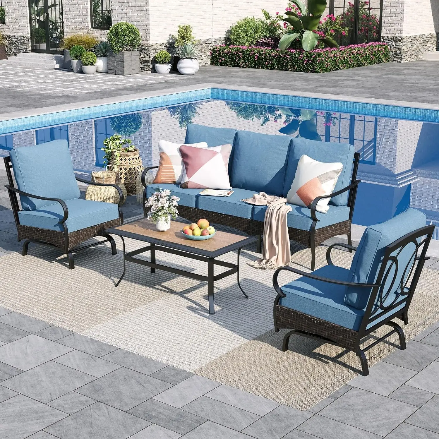 

4 Piece Metal Outdoor Conversation Set with 3-Seater Outdoor Couch, 2 Sofa Chairs, 1 Coffee Table for Outdoor Seating