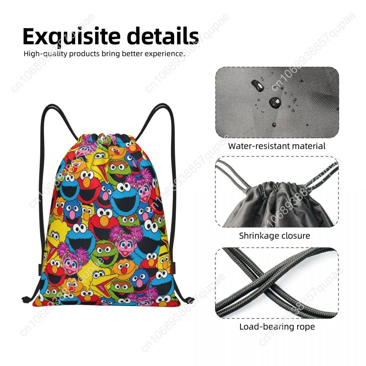 Sesames Streets Cookies Monsters Cartoon Drawstring Backpack Sports Gym Bag Water Resistant String Sackpack for Hiking