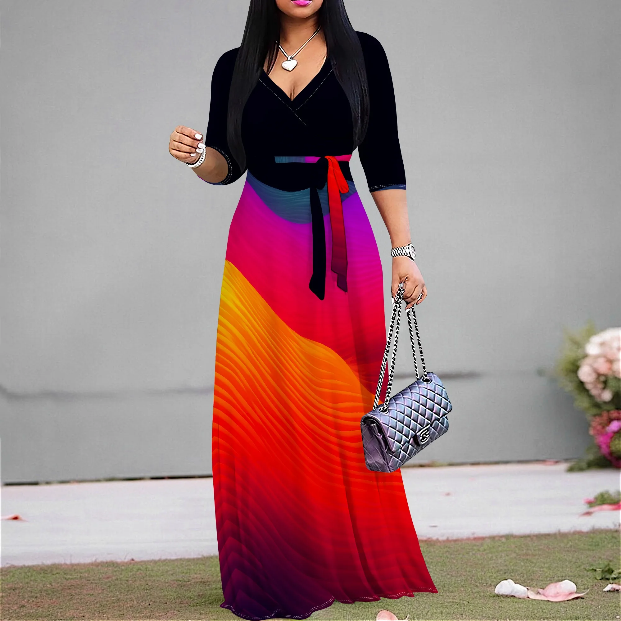 

S-3XL Ombre Wave Maxi Dress for Women Gradient Color Wrap Style for Night Out, Afro Parade or Urban Streetwear Look