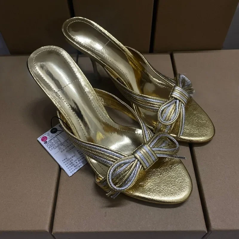 

Super High Heels Women Mules Sandals Shiny Gold Bow Decorated Breathable Open Toe Summer Footwear Brand Luxury Party Shoes