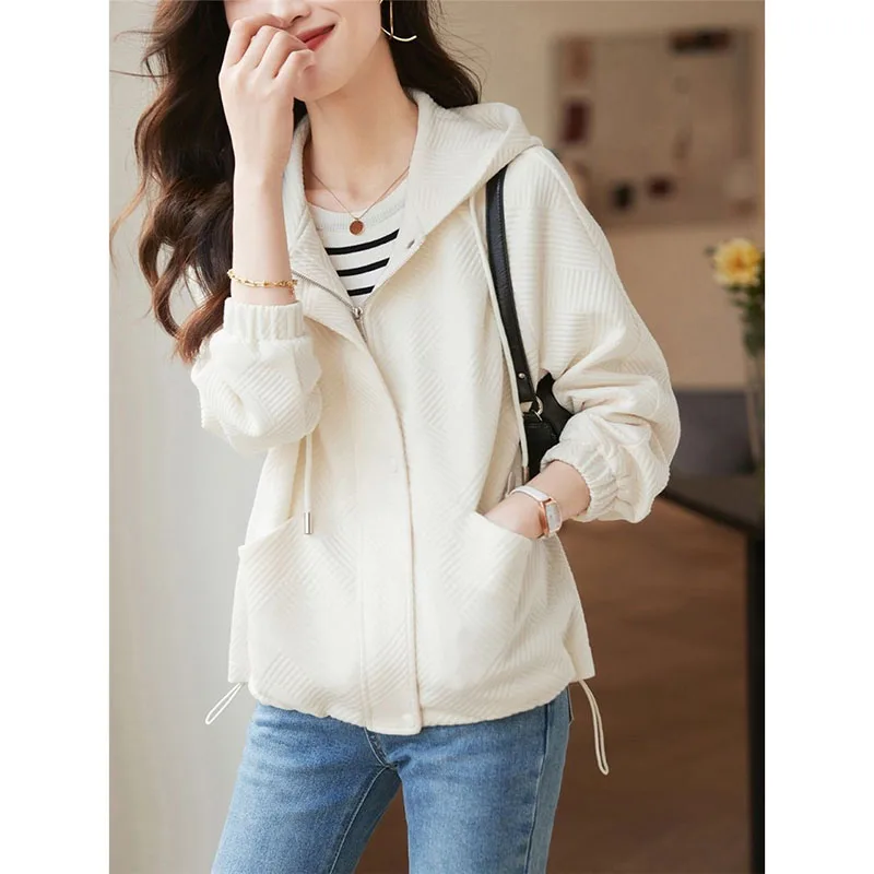 Autumn 2025 New Women's Texture Joker Coat Hooded Short Jacket Casual Female Sports Cardigan Loose Overcoat