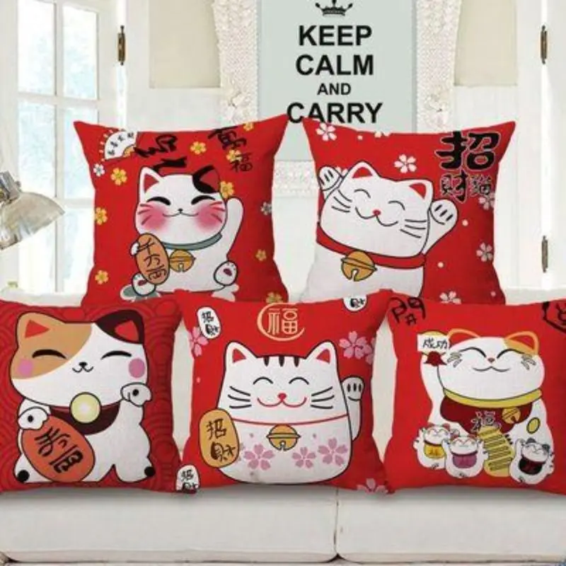 

Lucky Cat Throw Pillow Case Cute Red Cat Pillowcase 40x40 Cm Bed Sofa Bedroom Pillow Cover Boy Girl Kid Gift Room Home Decor