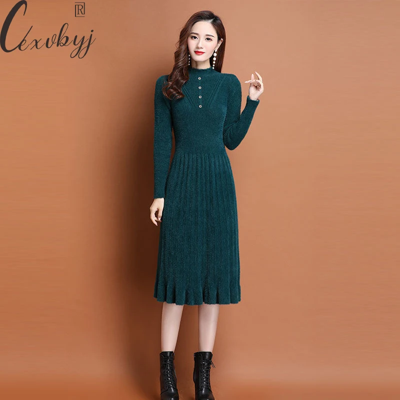 

Women Elegant Faux Mink Sweater Dress 2023 Korean Fashion Long Sleeve Button Cashmere Knitted Dress Loose Plus Size Vestidos