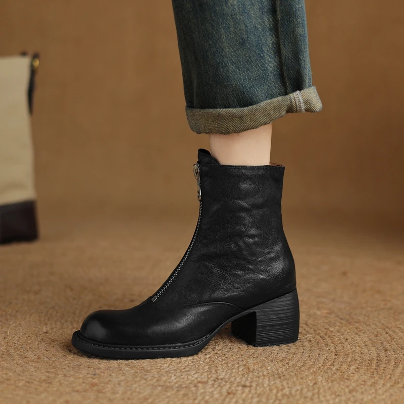 

2024 New Genuine Leather Boots Women Round Toe Chunky High Heels Front Zipper Ankle Boots Autumn Winter Western Boots Lady Shoes