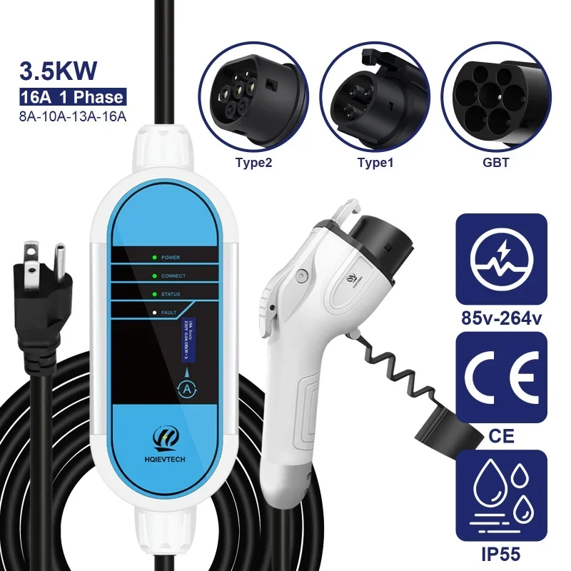 HQ Portable EV Charger Single Phase 3.5KW 16A for Electric Car Fast Charging Type2 Standard