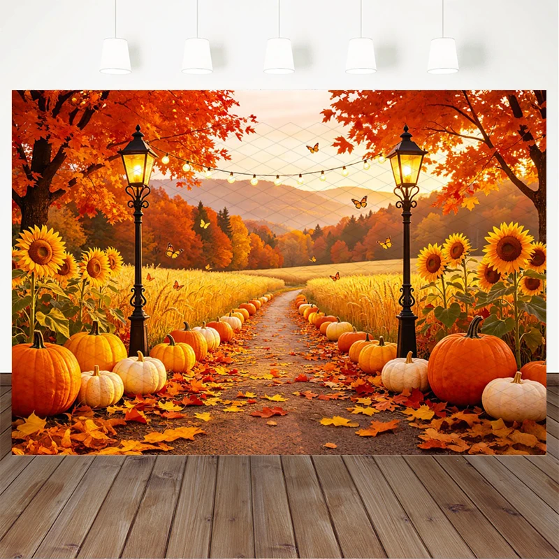Mocsicka Autumn Maple Leaf Pathway Photography Backdrop Thanksgiving Tapestry Wall Harvest Pumpkin Street Lamp Background Banner