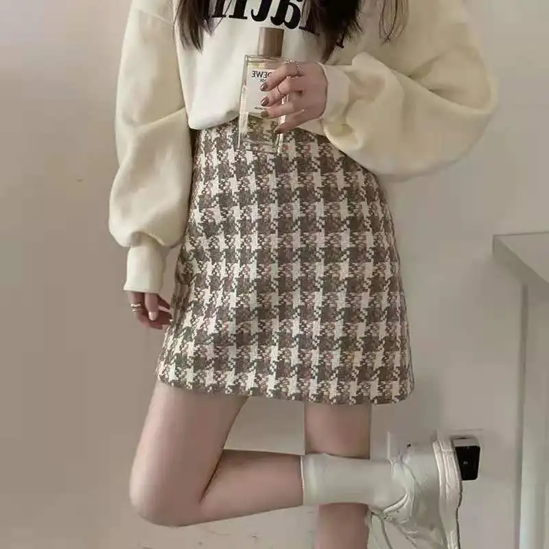 Autumn Skirts Women Cozy Elegant Stylish Empire Retro Houndstooth A-line Design Femme Comfortable Leisure Hot Sale Mini Faldas