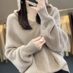 V-Neck Luxurious Merino Wool Hooded Sweater For Women's Autumn Winter Solid Color Loose Fitting Knitted Fashionable Jumper Top