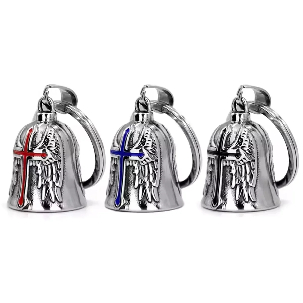 1Pc Retro Punk Style Men’s Cross Lucky Bell Angel Wing Knight Bell Keychain Motorcycle Riding Guardian Bell Jewelry Accessories