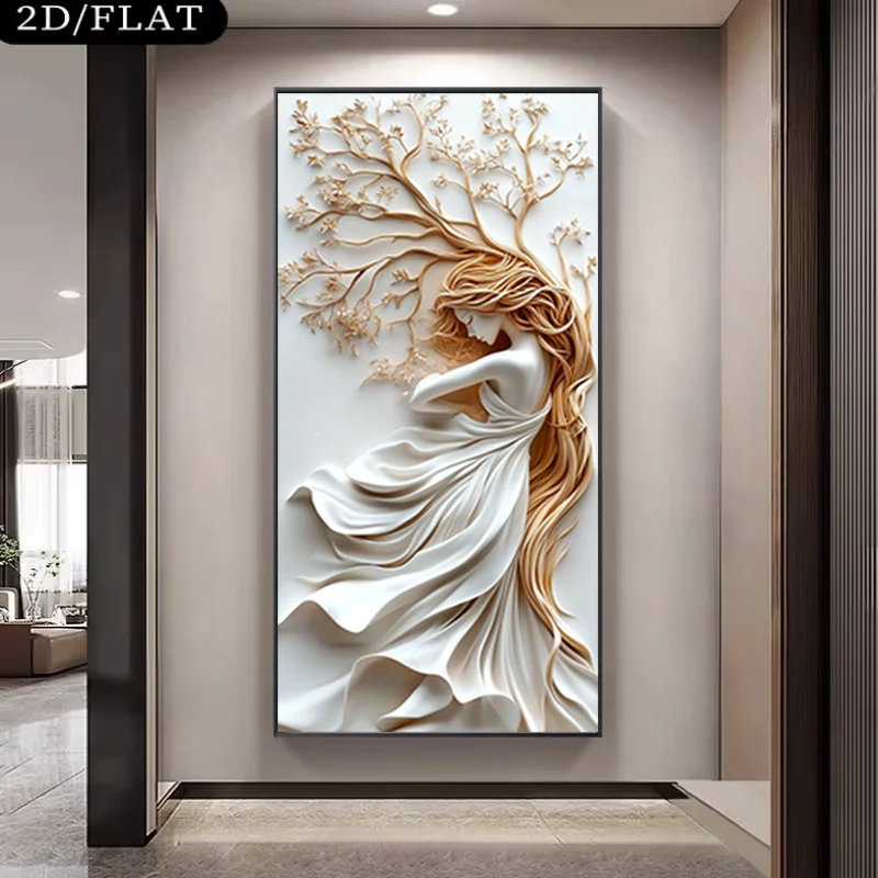 

2D/Flat Large Abstract Whispering Tree Woman Canvas Printing, Frameless Modern White Canvas Wall Art for Living Room Decor Gifts