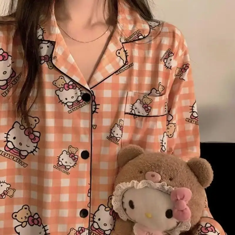 

Sanrio Hello Kitty Pajamas Set Cotton Women Students Dormitory Home Cute Orange Spring Autumn Long Sleeve Long Pants Nightwear