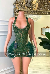 Green O N Short Prom Dresses Black Girl Bead Crystal 2024 Birthday Luxury Dress Feather Graduation Gown Homecoming Customized