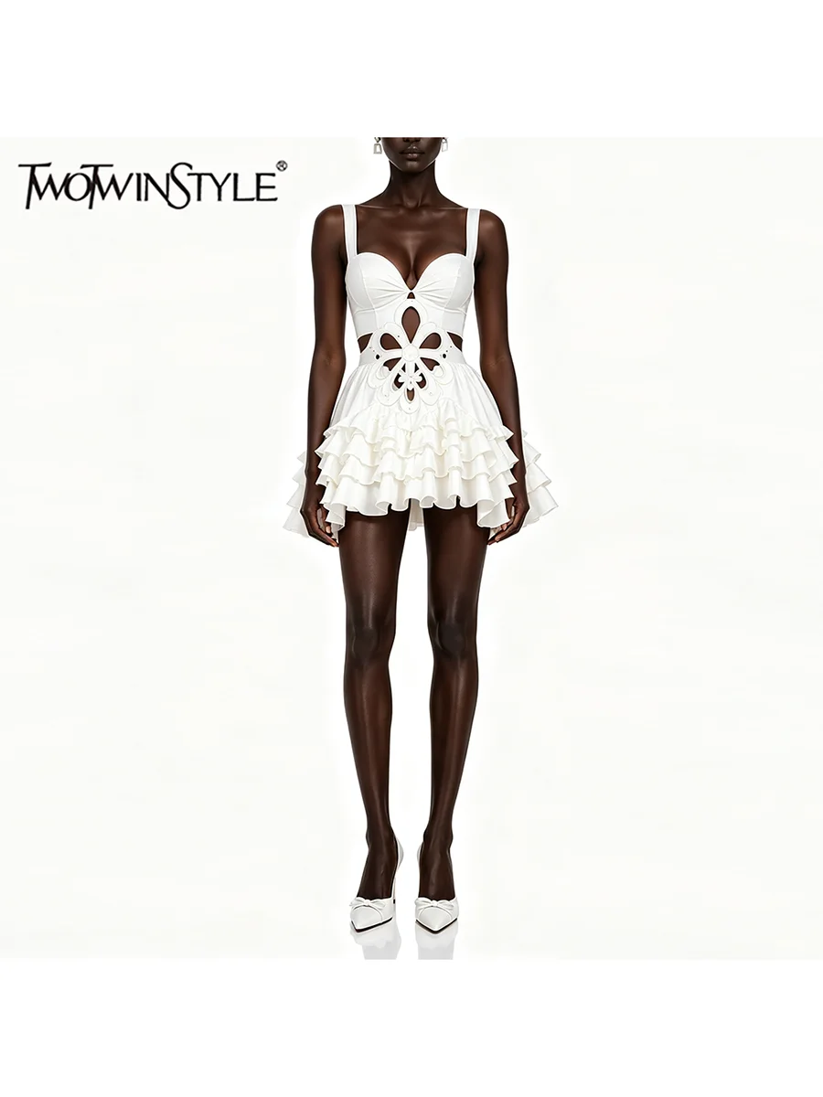 TWOTWINSTYLE Solid Spliced Cutout Ruffle Slimming Mini Dress for Women Square Neck Sleeveless Patchwork Zipper Dresses Female