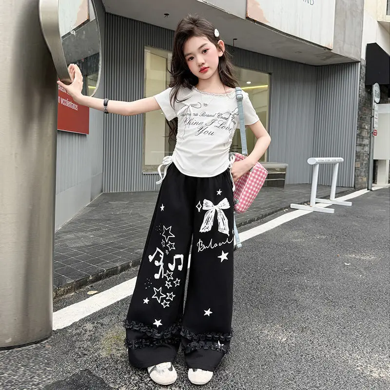 1 قطعة 2025 الصيف المراهقين الفتيات القماش مجموعة القوس اللؤلؤ الدانتيل تي شيرت المحاصيل الأعلى أو مشاعل فضفاضة طويلة واسعة الساق بانت طفل 4 8 10 12 14 سنة #6