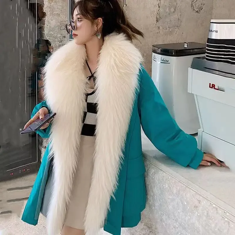 2024 Winter New Women Imitation Fox Fur Jacket Mid-Length Detachable Liner Fashion Leisure Parkas Solid Color All-Matching Coat