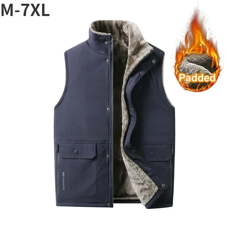 M-7XL Plus Size Men's Winter Down Cotton Vest Outside Wear Padded and Thickened Warm Shoulders Stand-up Collar Jacket Vests