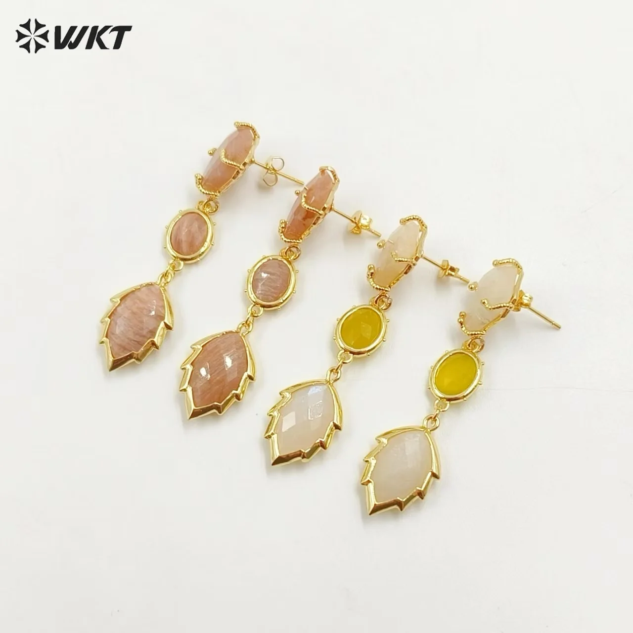 WT-E776 Classic European Style Natural Colorful Gemstone Long Leaft Design Earring For Women Evening Gown Party Decorative