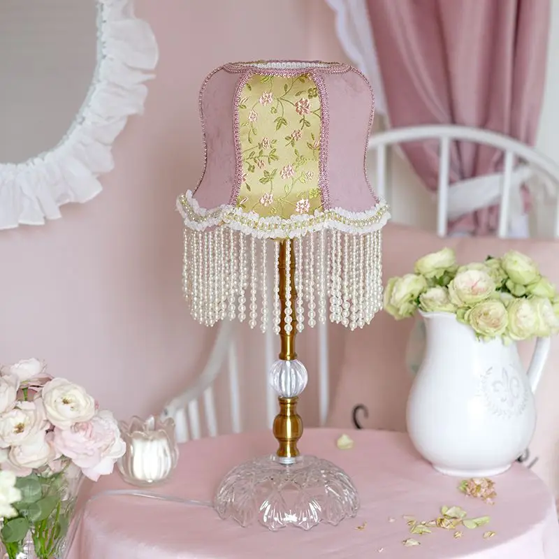 American pink French retro desk lamp tassel bedroom ins style girl princess style atmosphere bedside lamp