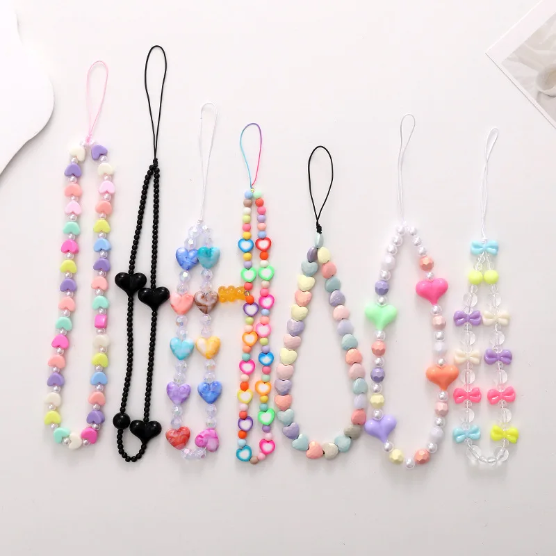 Colorido amor hecho a mano con cuentas DIY teléfono funda colgador cadena corta