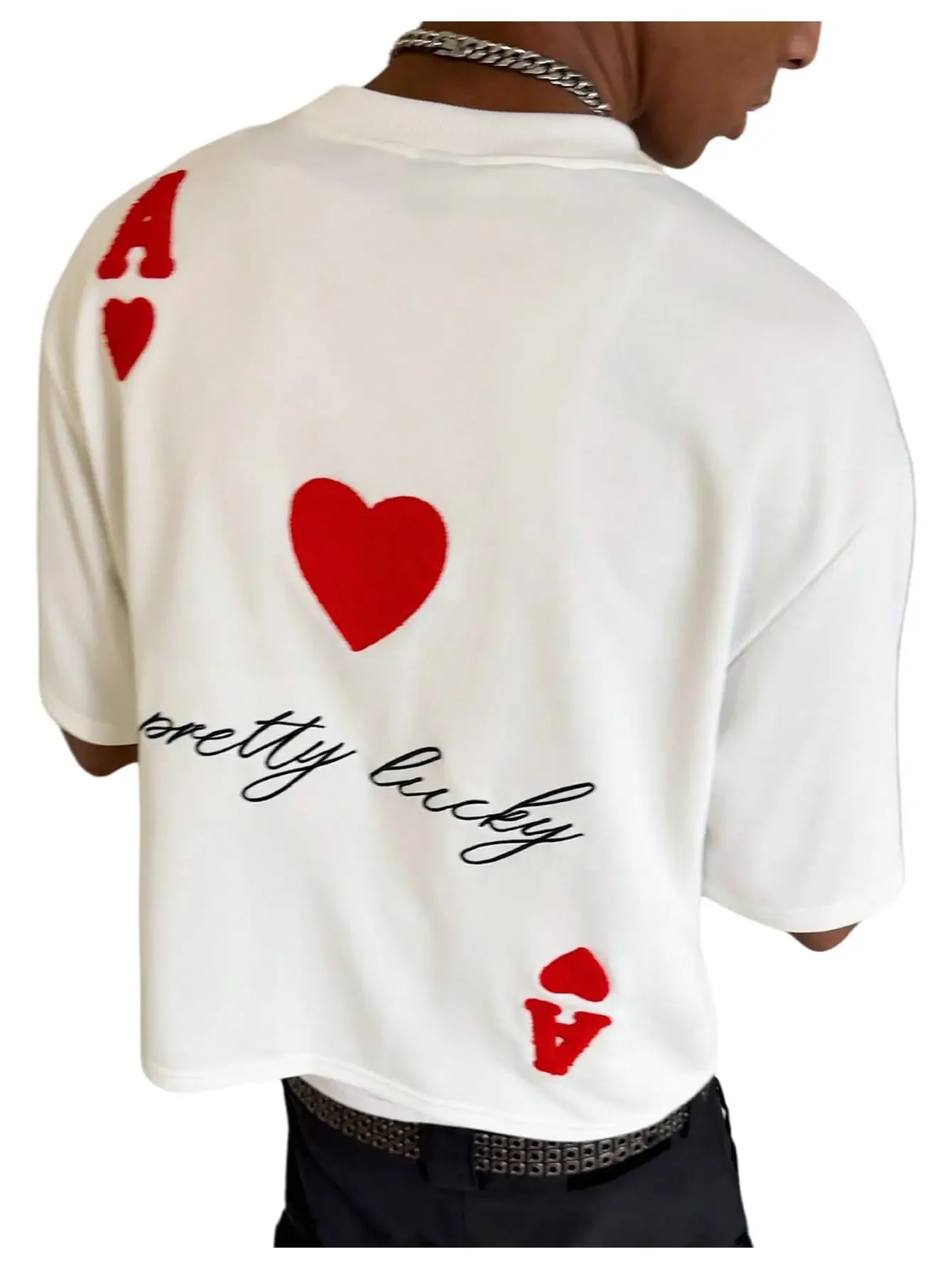 2026 Men Oversized Cropped T‑Shirt Poker Heart A Letter Flocking Graphic Urban Streetwear Short Sleeve Tops For Youth