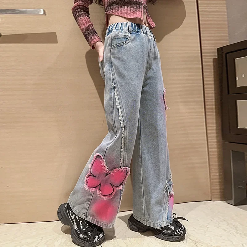 2026 Big Hot Deals Girls Fashion Spray-Painting Butterfly Denim Wide Leg Pants High Waist Korea Style Long Jeans Teens Trousers