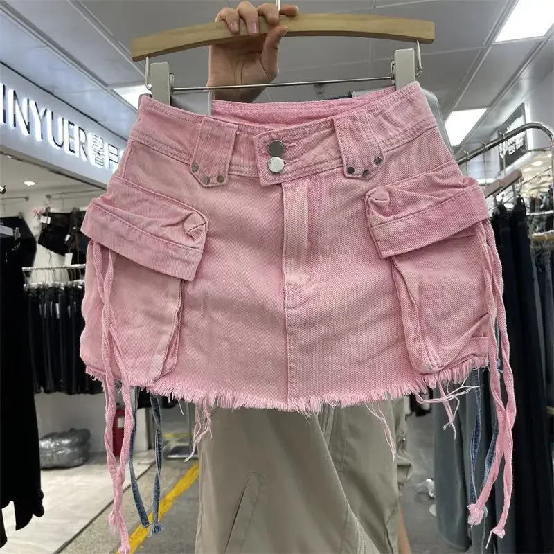 Pop New Arrival 2024 Spring Mini Dress Pink High-waisted Stretchable Age-reducing Spicy Girl Work Denim Skirt Butt Lifting