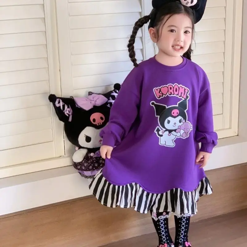 Autumn and Winter Girl Sweatshirt Dress Cartoon Kuromi Long Sleeve Dress Versatile Medium Length T-Shirt Skirt Princess Dress