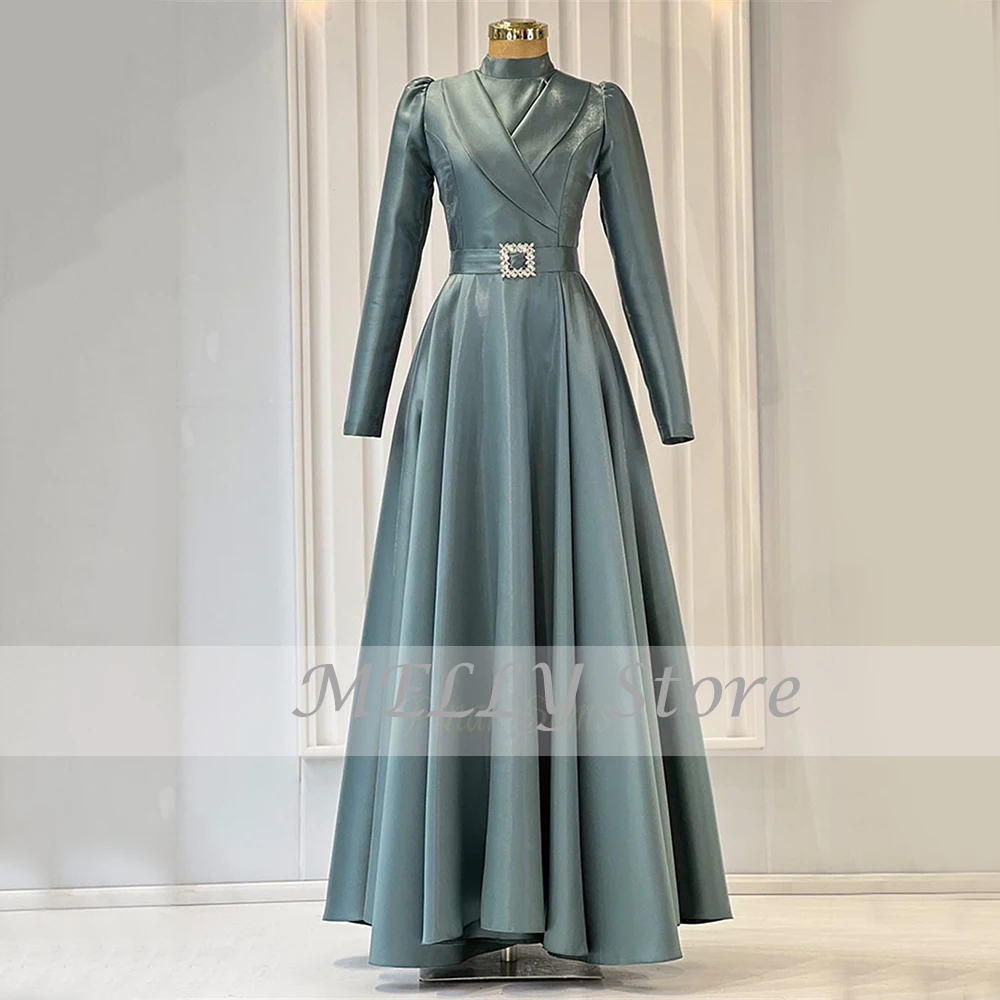 Vestidos de Noite Formal Modern 2023 Mulheres Gola Alta Completa Mangas Prom Vestidos de Cetim Até O Chão A-Line فساتين مناسبة حسب الطلب