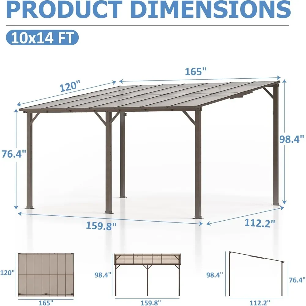 10' x 14' Gazebo, Hard Top Wall Mounted Gazebo, Large Pergolas and Gazebos Clearance, Lean to Gzebo Canopy Awnings for Patio