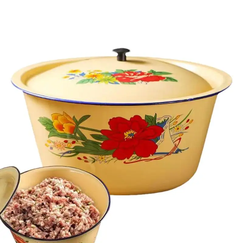 Enamel Mixing Bowl With Lid Retro Vintage Enamel Bowl Vegetable Container Pot Enamel Ware Enamels Soup Basin Container for Rice