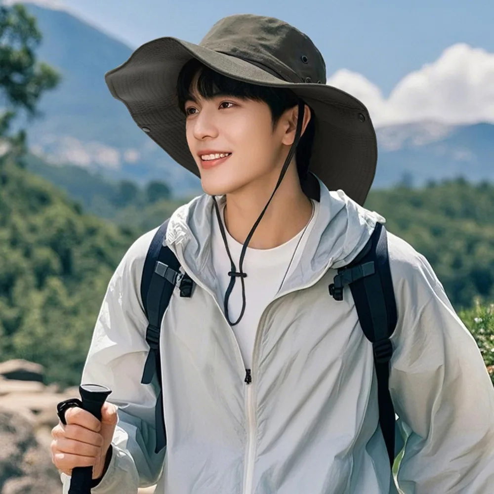

Breathable Quick-dry Hiking Fisherman Hat Big Brim Sunscreen Drawstring Sun Hat UV Protection Sunshade Men Bucket Cap Camping