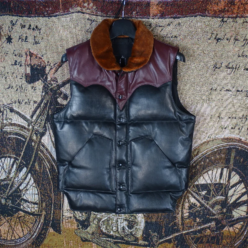 

Down vest! Wool collar contrasting color wind top layer cowhide genuine leather jacket men's down jacket warm and slim