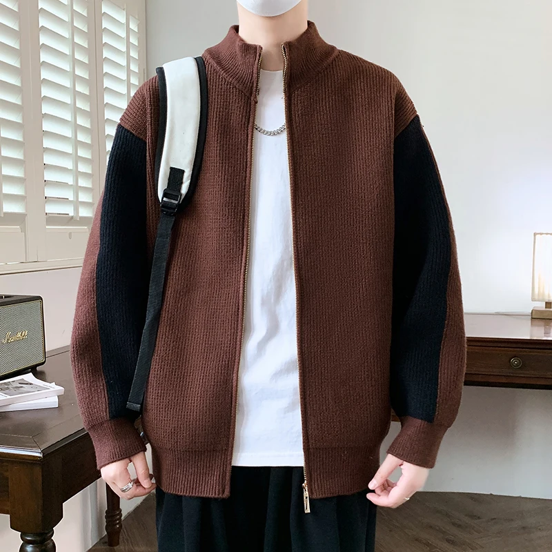 

Spring Autumn Men's Loose Stand Collar Knitted Cardigan Patchwork Long Sleeve Sweatercoat Men Fashion Knit Casual Cardigans Coat