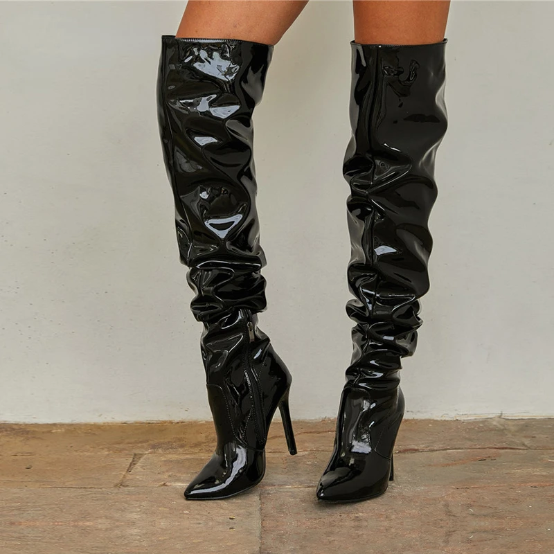 

High Quality Pleated Patent Leather Motorcycle Over The Knee Boots Women Fashion Pointed Toe Zip Thigh High Lady Shoes