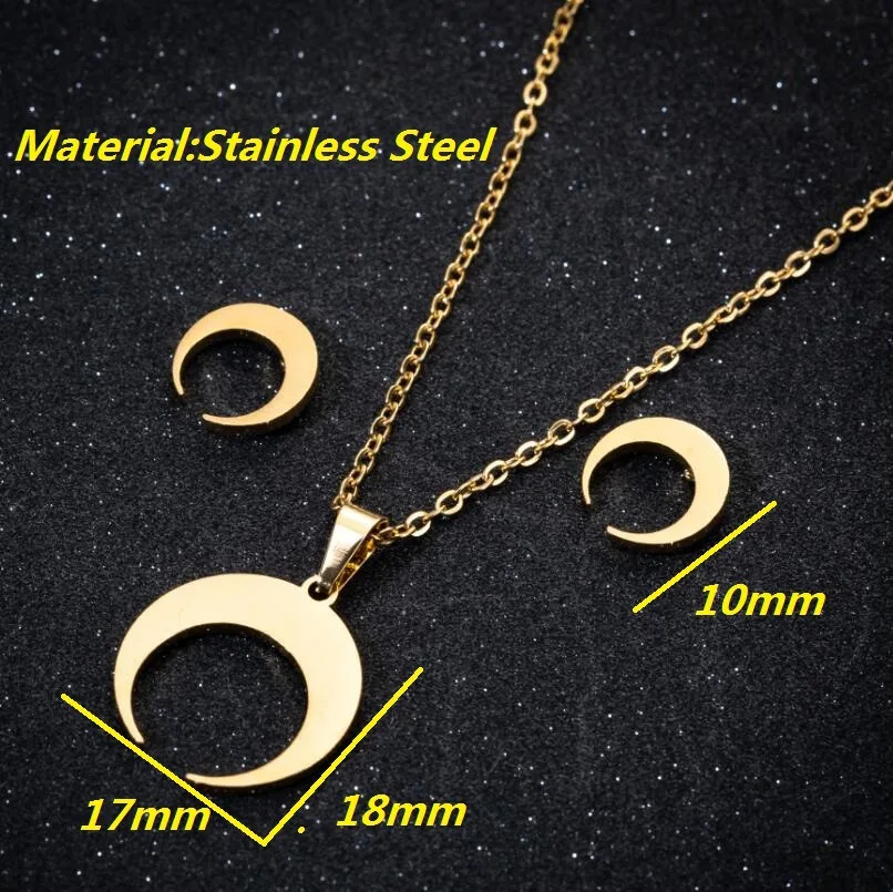 New Vintage Stainless Steel Chain Gold Color Horn Crescent Pendant Necklace for Women Curved Moon Earrings Trend Jewelry Gifts