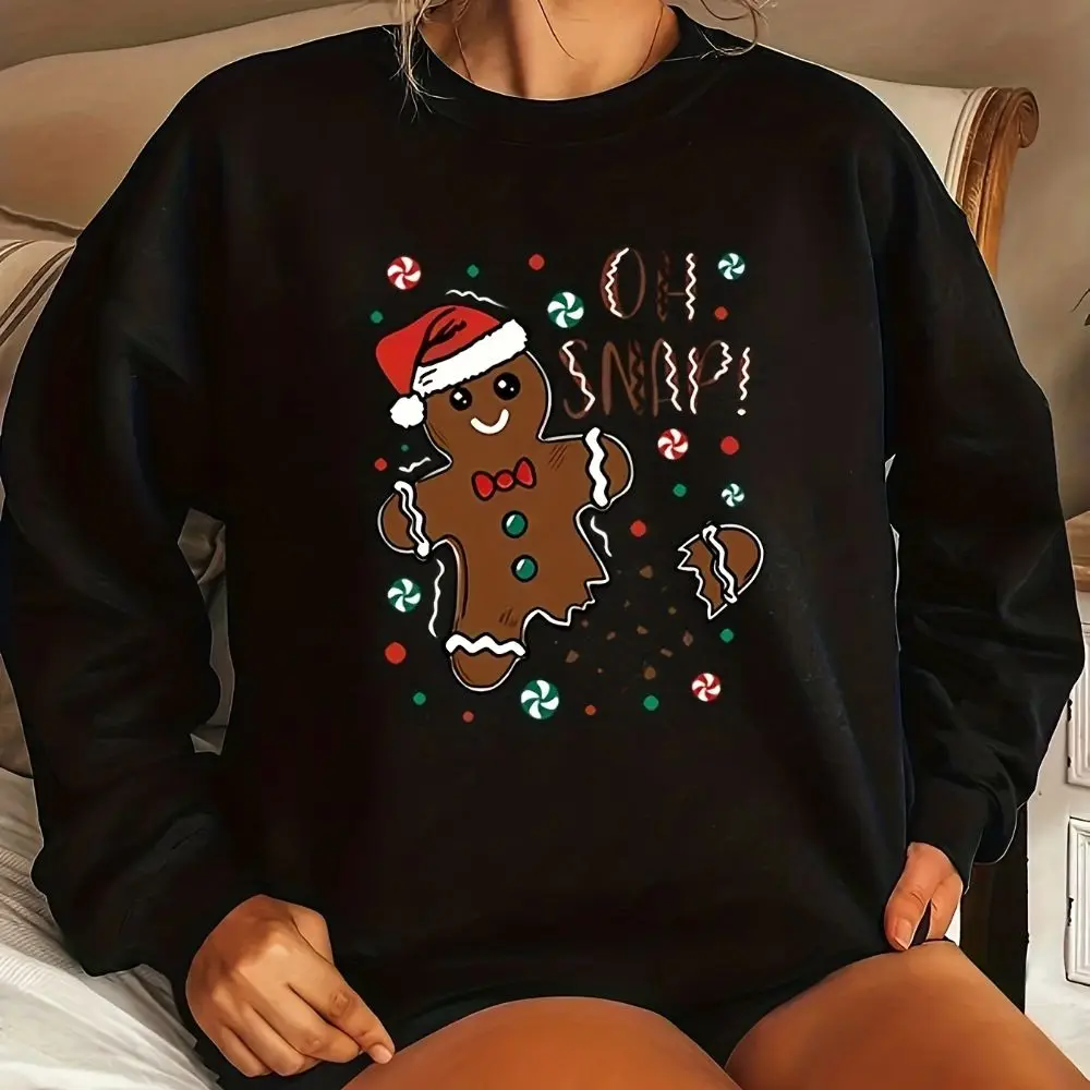 Cute Gingerbread Man Printed Christmas Casual Women\'s Hoodie Suitable For Autumn And Winter Long Sleeved Comfortable O-neck Top