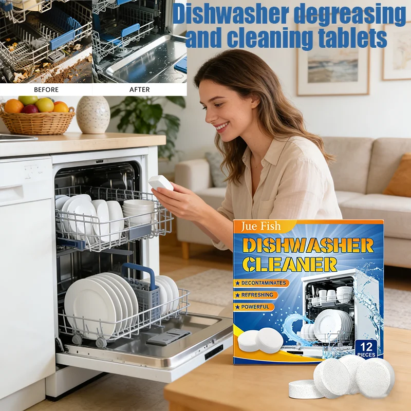 12-Pack Dishwasher Degreasing Cleaning Tablets Removes Grease&Reduces Limescale Keeping Dishes Clean Household Cleaning Tablets
