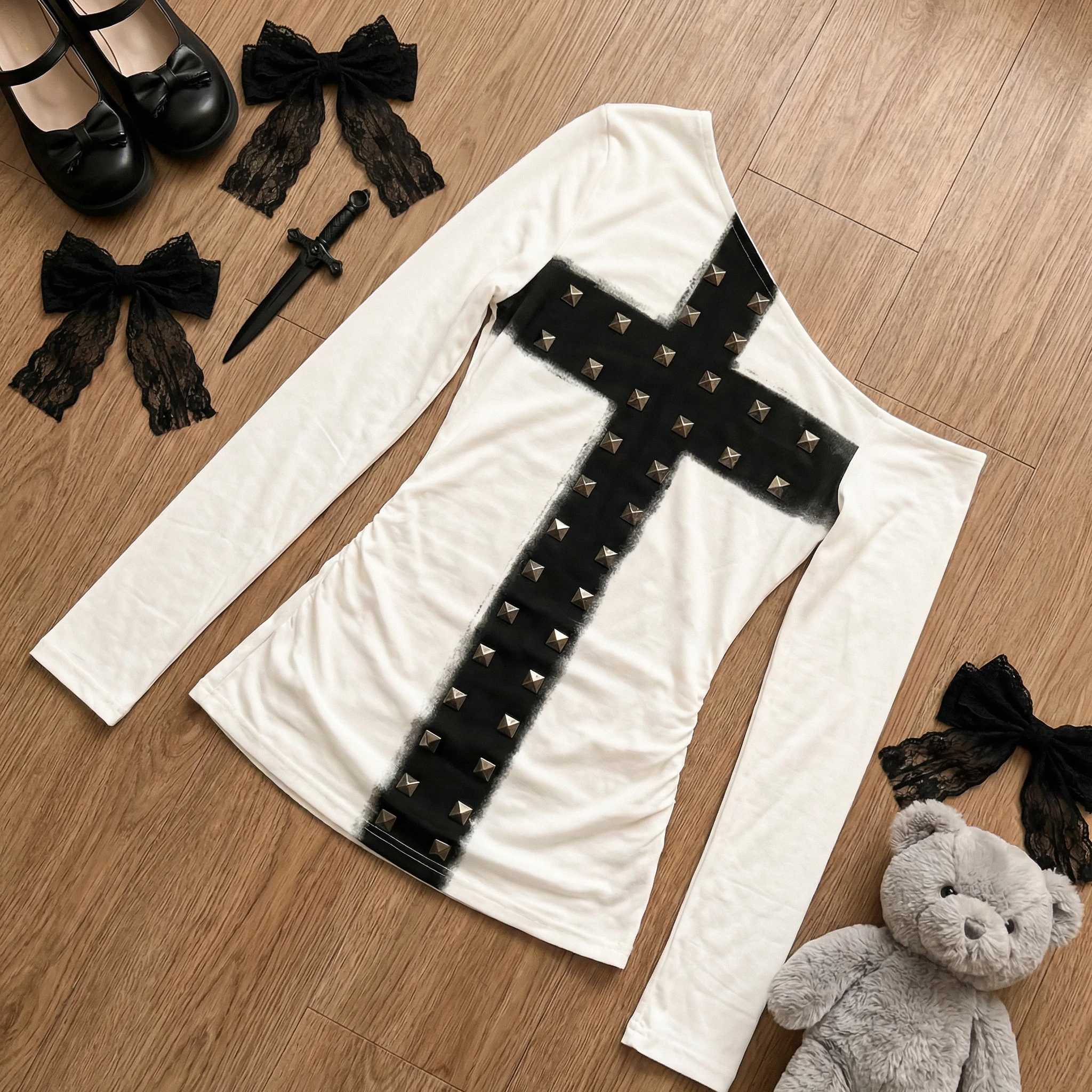 

Y2K Gothic Women's Long-Sleeve T-Shirt Sexy Slim Chic Trendy Cross-Print Asymmetrical Neck Top Grunge Harajuku Female Streetwear