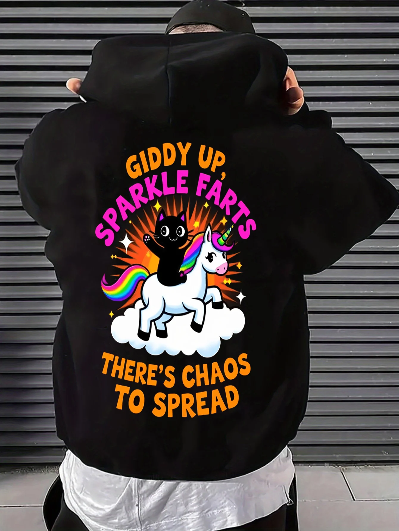 Men's Casual Hoodie with a Fun and Cute Design of a Cat Riding a Unicorn, Featuring a Shiny Sequin Design, Stylish Oversized Long-Sleeve Pullover, Machine Washable, Casual Fashion Top