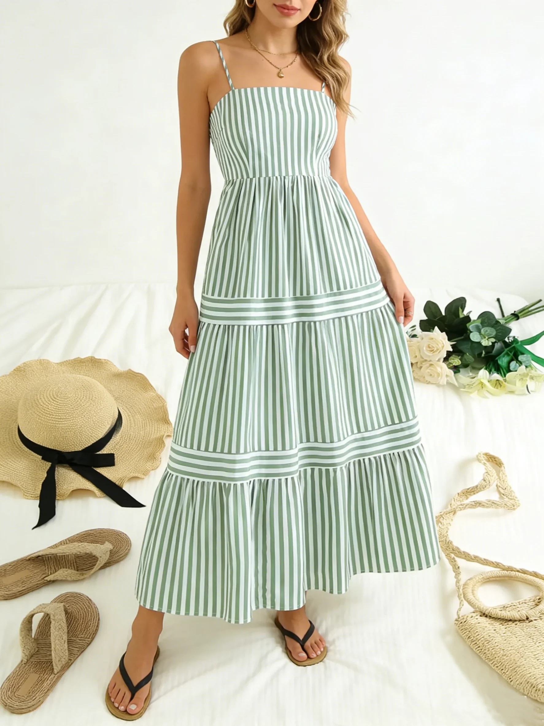 

Пляжное платье макси в полоску в богемном стиле больших размеров, летнее повседневное струящееся платье А-силуэта для женщин в Европе и Америке