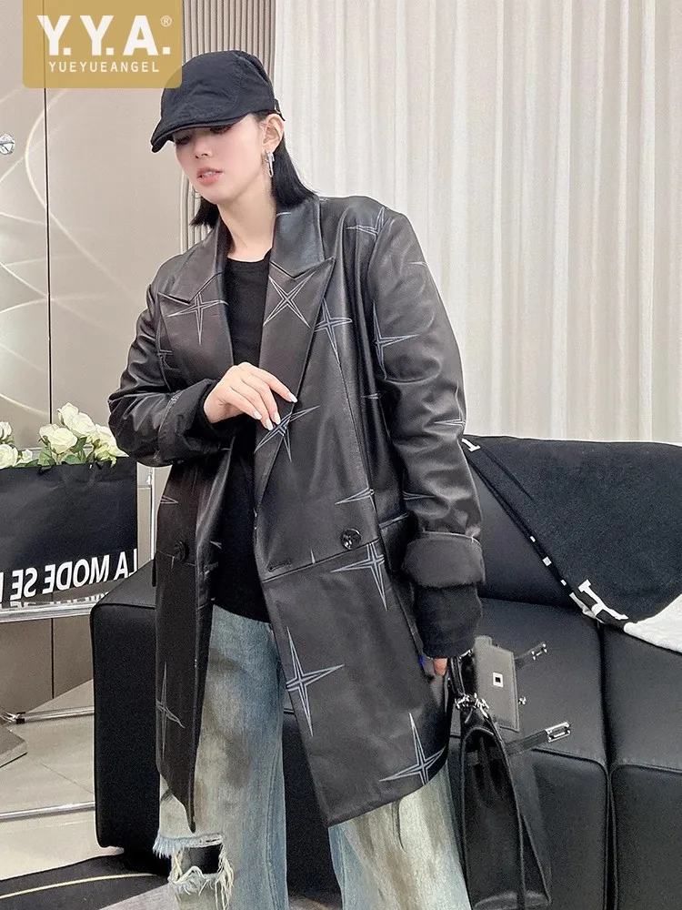 Designer Autumn Women Loose Fit Mid Long Sheepskin Genuine Leather Jacket Printed Office Lady Work Real Leather Blazer Suit Coat