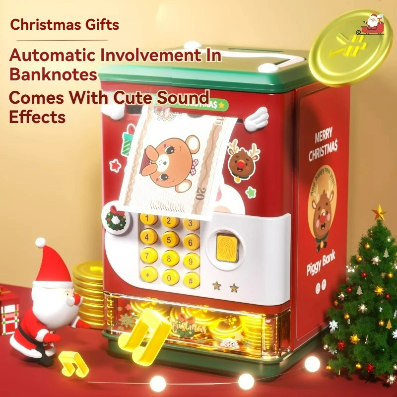 Cofrinho de natal brinquedo eletrônico mini máquina de poupança atm com senha & impressão digital desbloqueio simulação caixa de dinheiro presente do miúdo