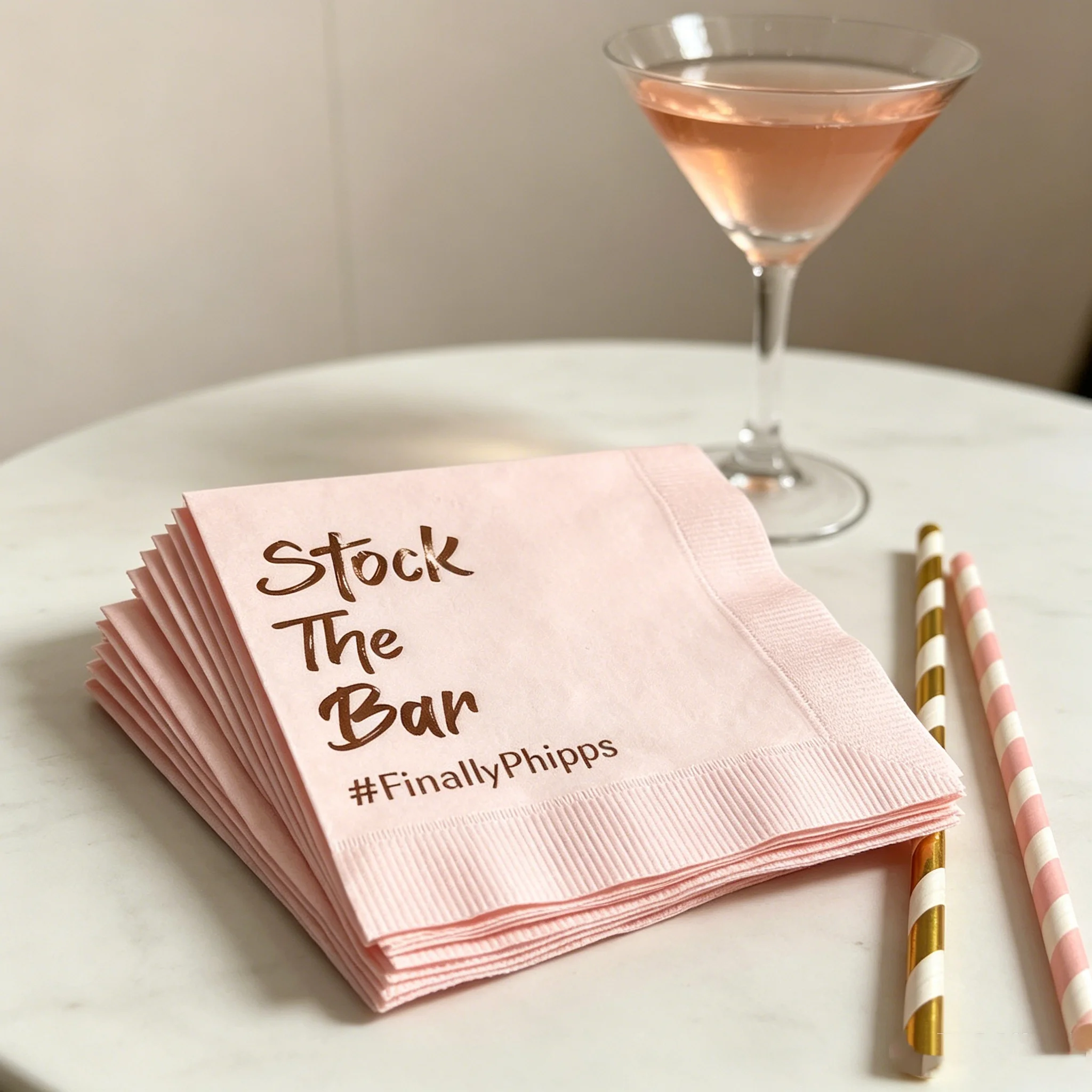 

50pcs Personalized Stock The Bar Napkins, Custom White Napkins with Rose Gold Foil Text & Hashtag for Engagement Parties, Weddin