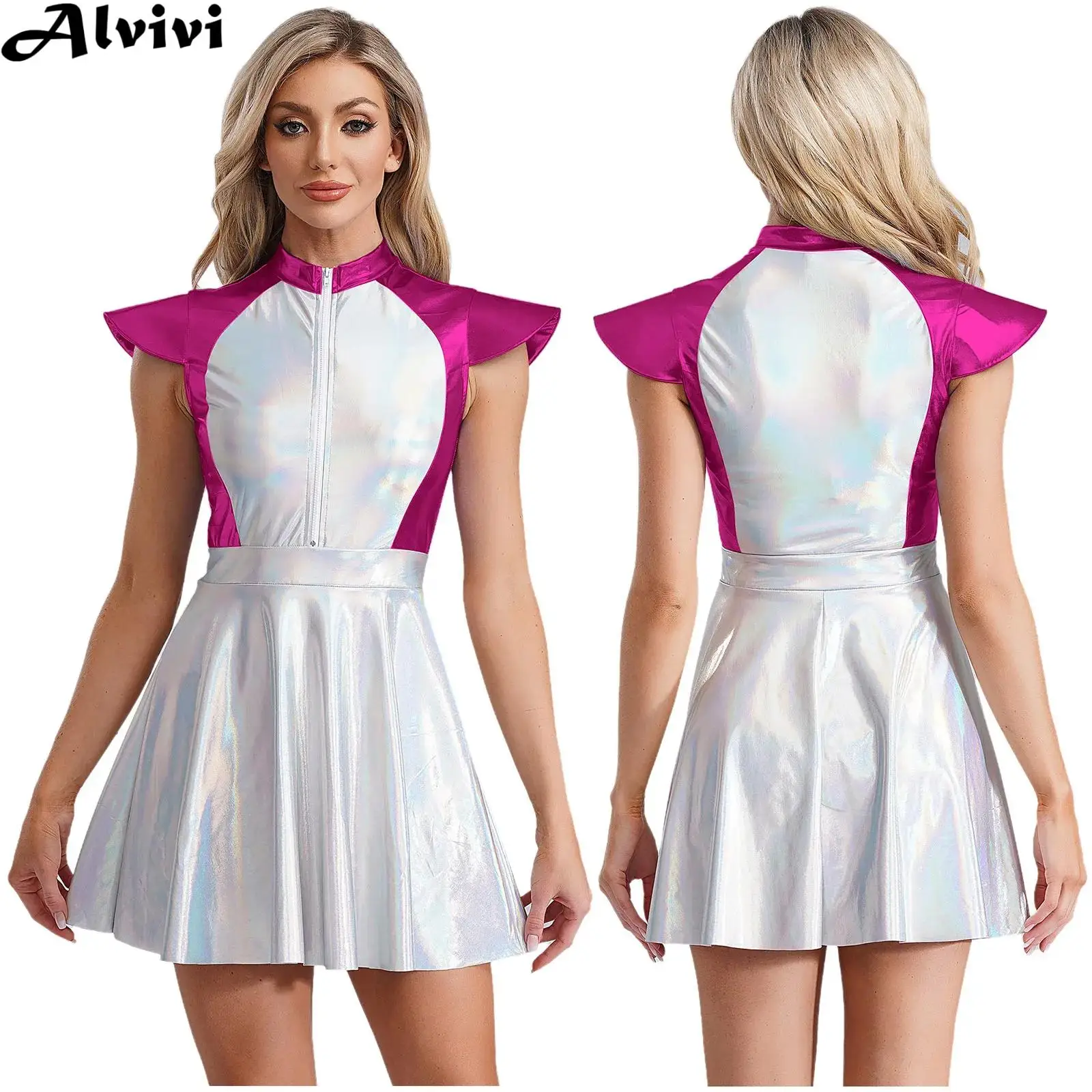 

Women Cap Sleeve Metallic Shiny A-line Dress Halloween Theme Party Carnival Outer Space Alien Cosplay Performance Costume