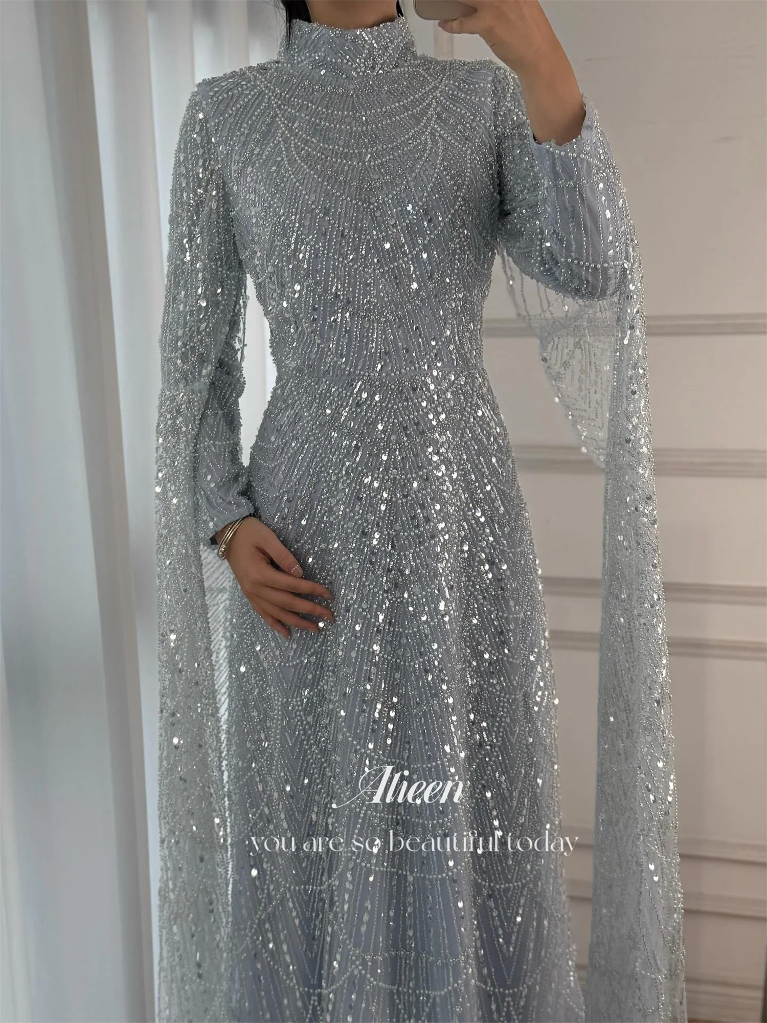 فساتين نسائية أنيقة باللون الأزرق السماوي من Aileen لحفلات الزفاف فستان سهرة نسائي مخصص مطرز بالخرز فيستدوس دي فيستا فساتين سهرة #3