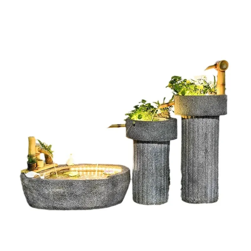 Floor-to-ceiling balcony living room flowing water ornament circulating water feature fountain fish pond Japanese garden